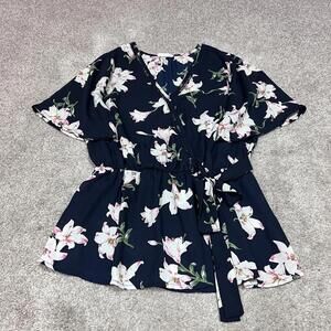 Sienna Sky Blouse Women’s Blue Pink Floral Short Sleeve Size Small